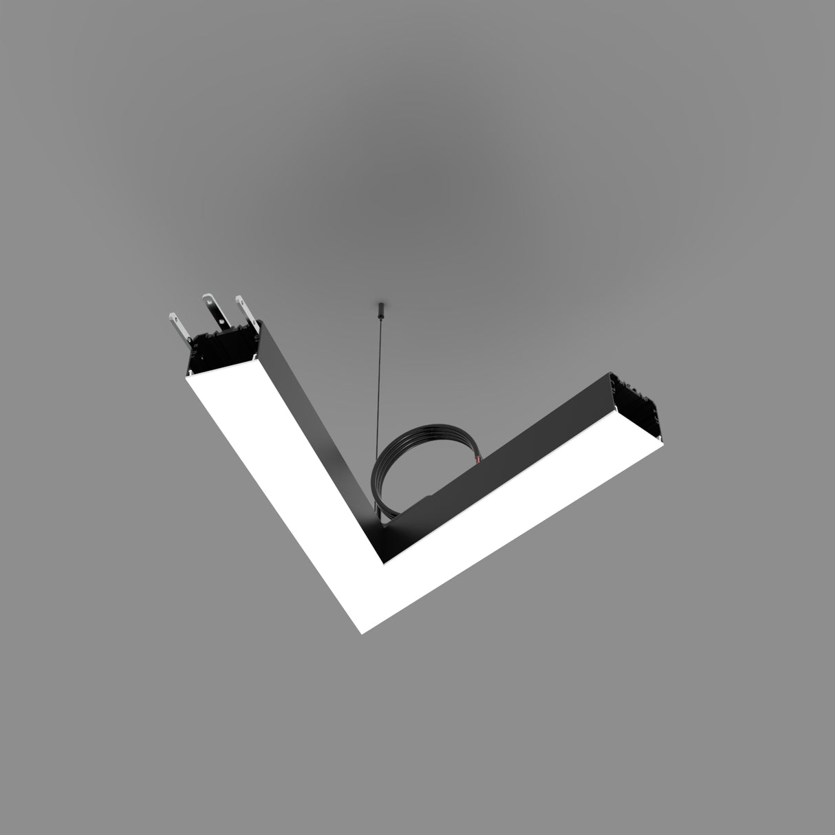 The PL55FL Modular LED Light Fixture System, a V-shaped black and white suspended LED, hangs from the ceiling by a thin cable and casts downward light against a plain gray background.