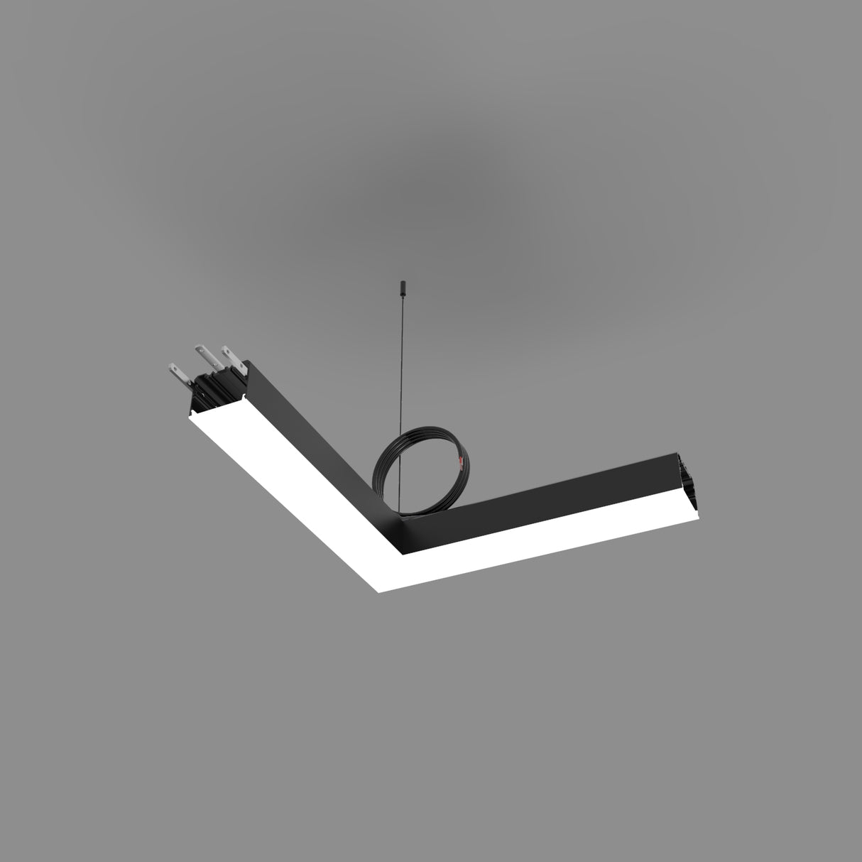 The PL55FL Modular LED Light Fixture System, with an L-shaped modern angular design in black and white acrylic and minimalist LED lines, hangs from the ceiling by two thin wires against a plain gray background.