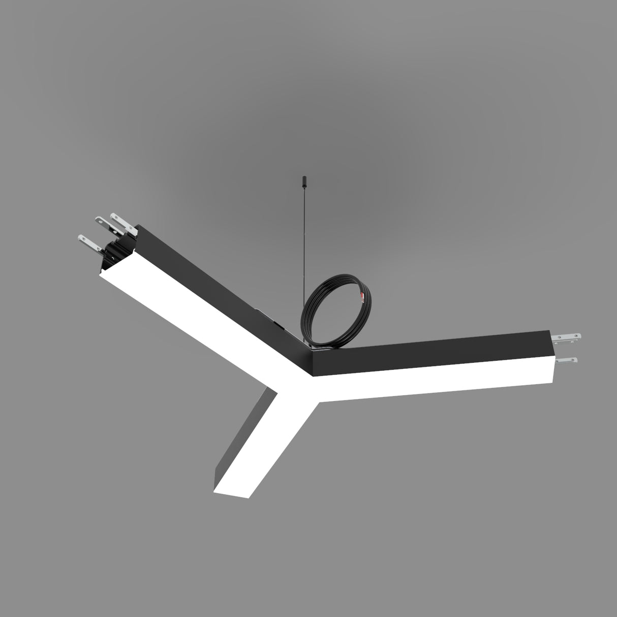 The PL55FL Modular LED Light Fixture System is a Y-shaped suspended acrylic LED fixture in black and white, cable-hung from the ceiling with an electrical cord wrapped around the top, shown against a plain gray background.