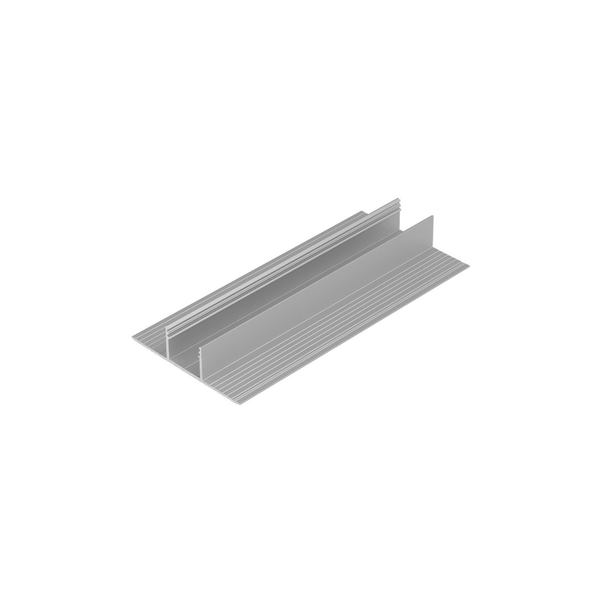 The Plaster-In Trimless Plasterboard LED Profile (Model Plane14-In) features a silver U-shaped aluminum channel with side flanges and fine horizontal grooves, perfect for decorative lighting, shown against a plain white background.