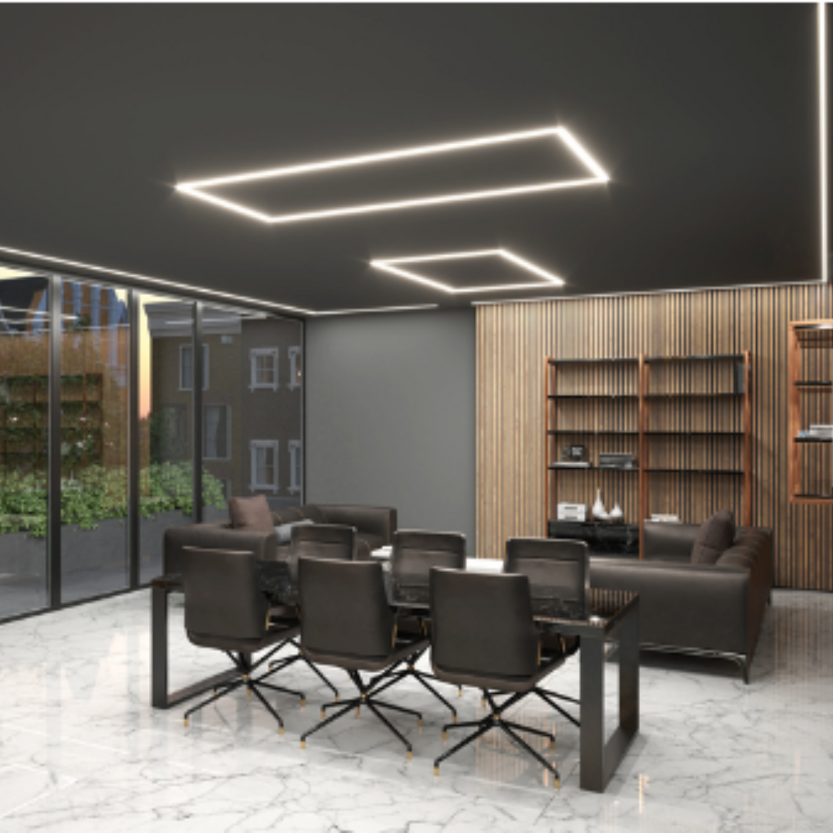 Modern office lounge with a marble floor, black chairs around a rectangular table, sofa, wooden slat wall, built-in shelves, large windows, and Main Lighting using Plaster-In Trimless Plasterboard LED Profile ~ Model Plane14-In.