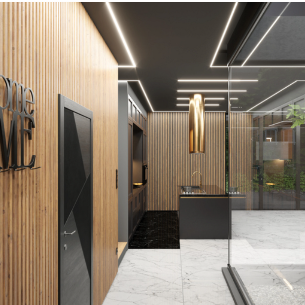 Modern kitchen with wood panel walls, black fixtures, marble floors, large glass windows, greenery views, and minimalist design. Main lighting above dark island features the Plaster-In Trimless Plasterboard LED Profile Model Plane14-In for a sleek look.