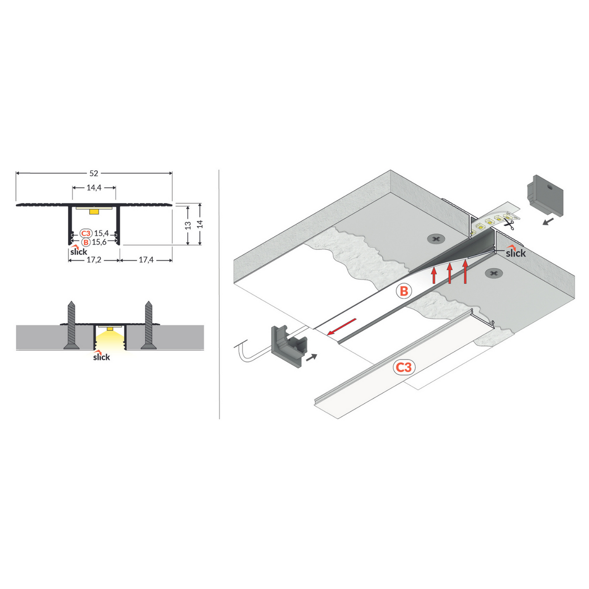 Technical diagram for the Plaster-In Trimless Plasterboard LED Profile (Model Plane14-In) with top and side views, detailed measurements, exploded 3D view, tracks, panels, connectors, labeled B and C3 components, plus Trimless Aluminum Profile for Main Lighting.