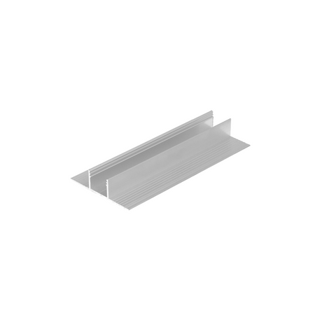 The Plaster-In Trimless Plasterboard LED Profile ~ Model Plane14-In is a silver, rectangular aluminum channel with raised edges, shown at an angle on a white background—perfect for decorative and main lighting use.