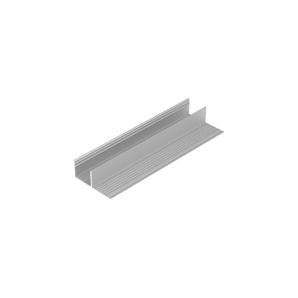 The Plaster-In Trimless Plasterboard Border LED Profile, Model Plane14-Side, is a silver metal channel with a flat base and two vertical ridged sides, shown isolated on a white background.