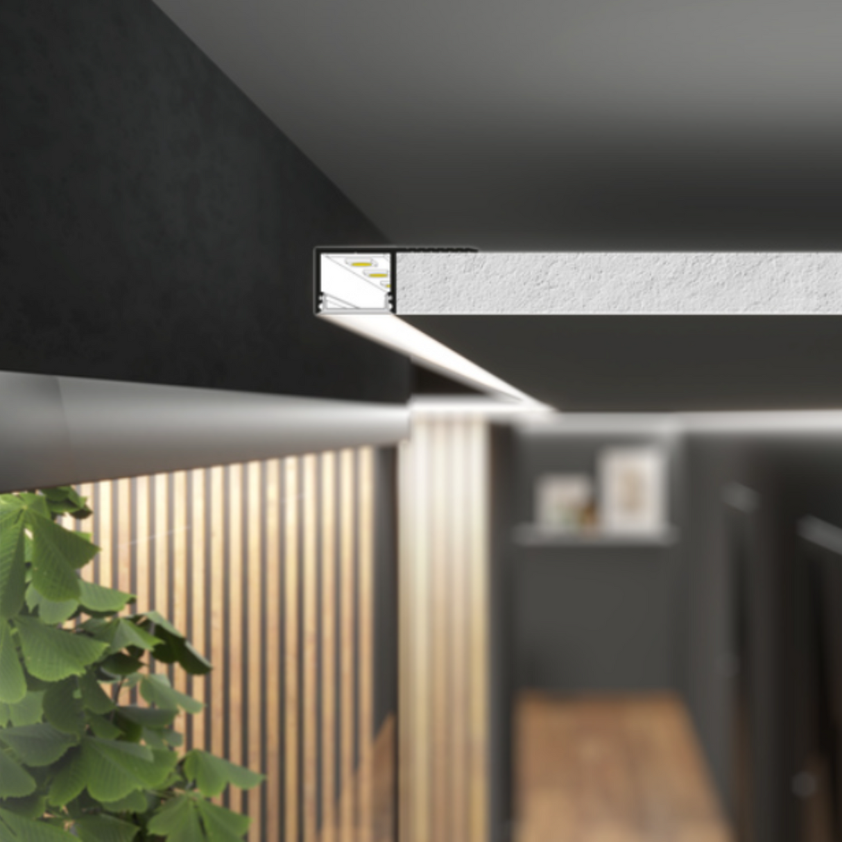 A modern interior with a suspended Plaster-In Trimless Plasterboard Border LED Profile (Model Plane14-Side) ceiling light, shown in close-up. The room has dark walls, wooden slats, framed art on a shelf, and a green plant in front.