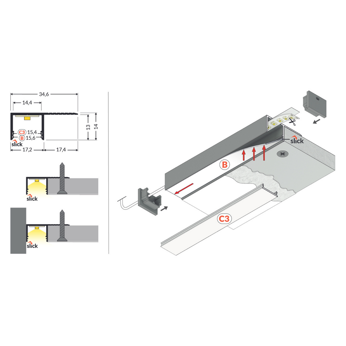 Technical diagram displaying measurements and installation steps for the Plaster-In Trimless Plasterboard Border LED Profile (Model Plane14-Side), with cross-sectional views, detailed dimensions, and arrows showing placement and direction of parts.