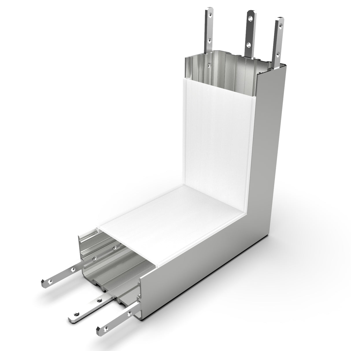 The 90 Degree Connector for PLW70FL Profile is a 3D-rendered metallic L-shaped bracket with sliding rails and multiple mounting holes, featuring a smooth, reflective surface. Perfect for structural or industrial use with LED channels like PLW70FL.
