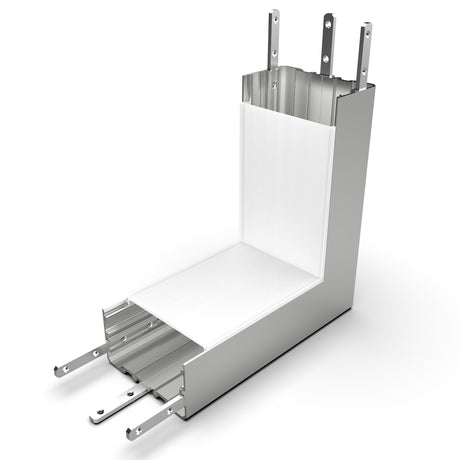 The 90 Degree Connector for PLW70FL Profile is a 3D-rendered metallic L-shaped bracket with sliding rails and multiple mounting holes, featuring a smooth, reflective surface. Perfect for structural or industrial use with LED channels like PLW70FL.