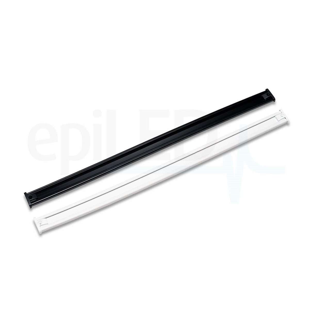Two elongated plastic strips, one black and one white, from the Power Track Twist line are shown parallel on a white background. Each has a slight curve and end tabs for attachment, designed for LED lighting or low-voltage system power tracks.