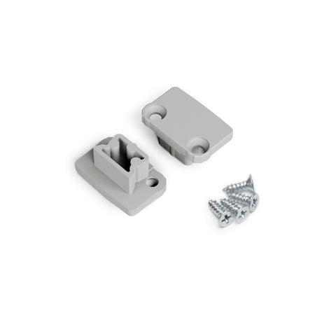 Two gray plastic End Caps for the Floor8 Profile, each with screw holes, are displayed with three silver screws on a white background.