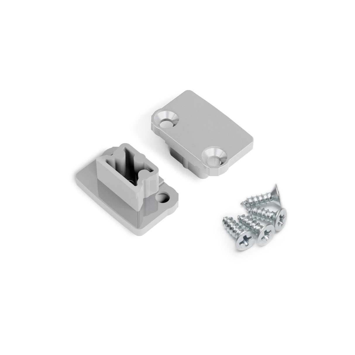 The End Cap for Floor8 Profile is a gray plastic hardware set featuring an end cap, latch, catch plate, and four silver screws, all designed for Floor8 Profile lighting fixtures and shown on a white background.
