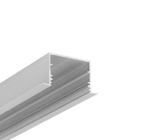 Close-up of a silver, U-shaped 1.3” Deep-Section Recessed LED Channel (Model Vario30-07) with inner grooves, ideal for housing LED strip lights or use as a structural component in furniture and construction.