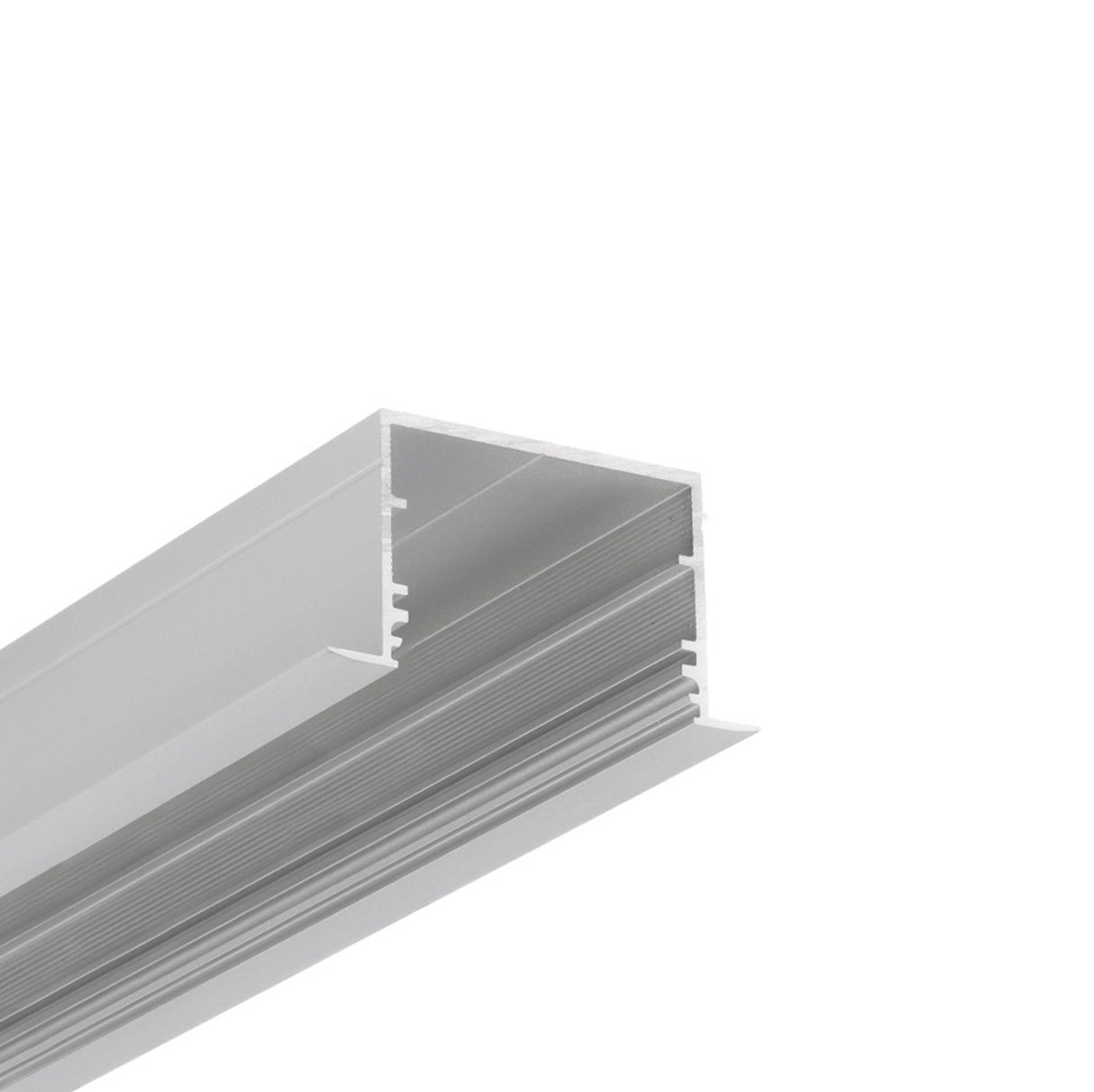 Close-up of a silver, U-shaped 1.3” Deep-Section Recessed LED Channel (Model Vario30-07) with inner grooves, ideal for housing LED strip lights or use as a structural component in furniture and construction.
