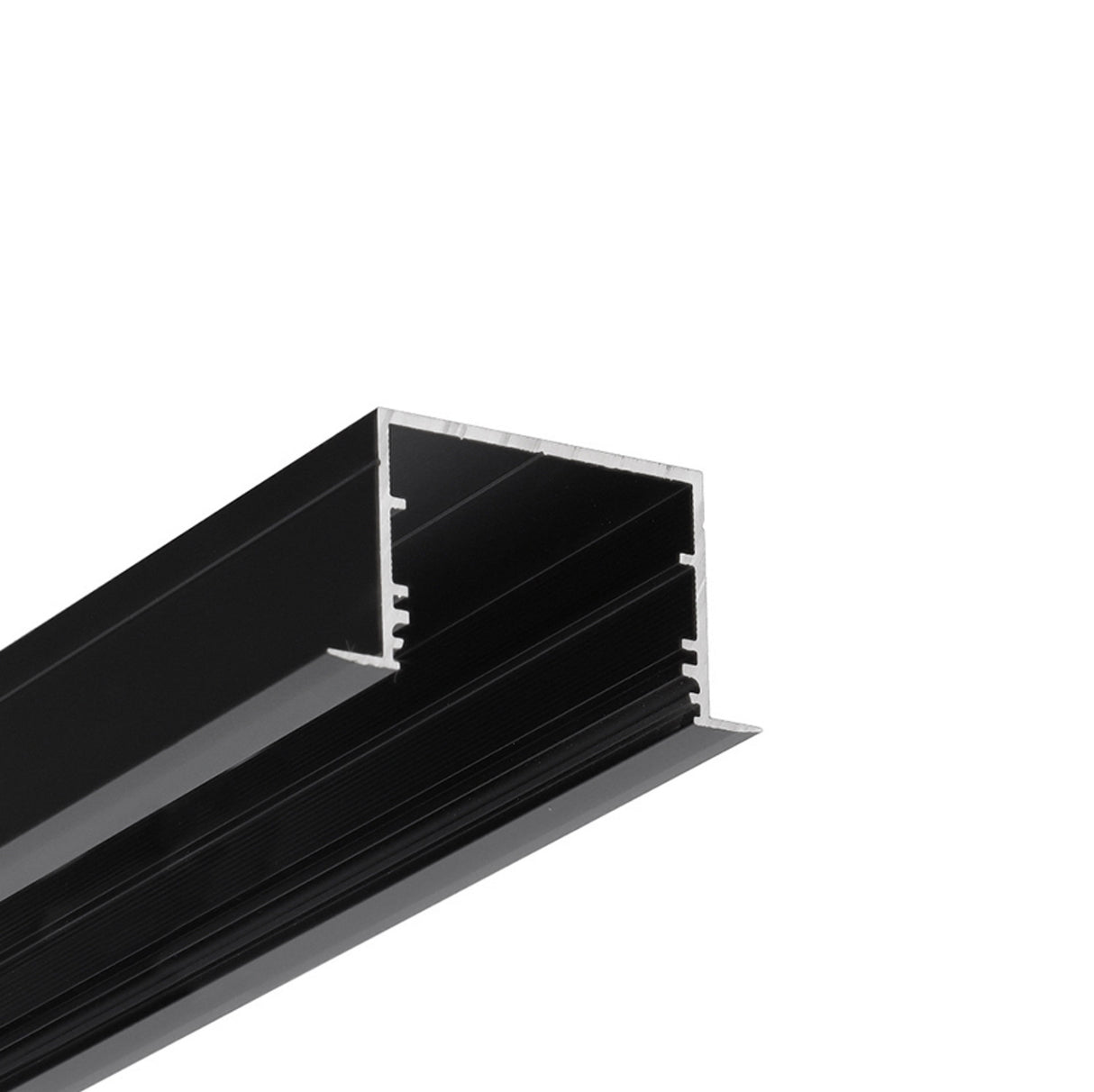 Close-up image of the 1.3” Deep-Section Recessed LED Channel (Model Vario30-07), a black aluminum U-shaped extrusion with ridged inner edges, ideal for indoor and LED strip lighting installations.