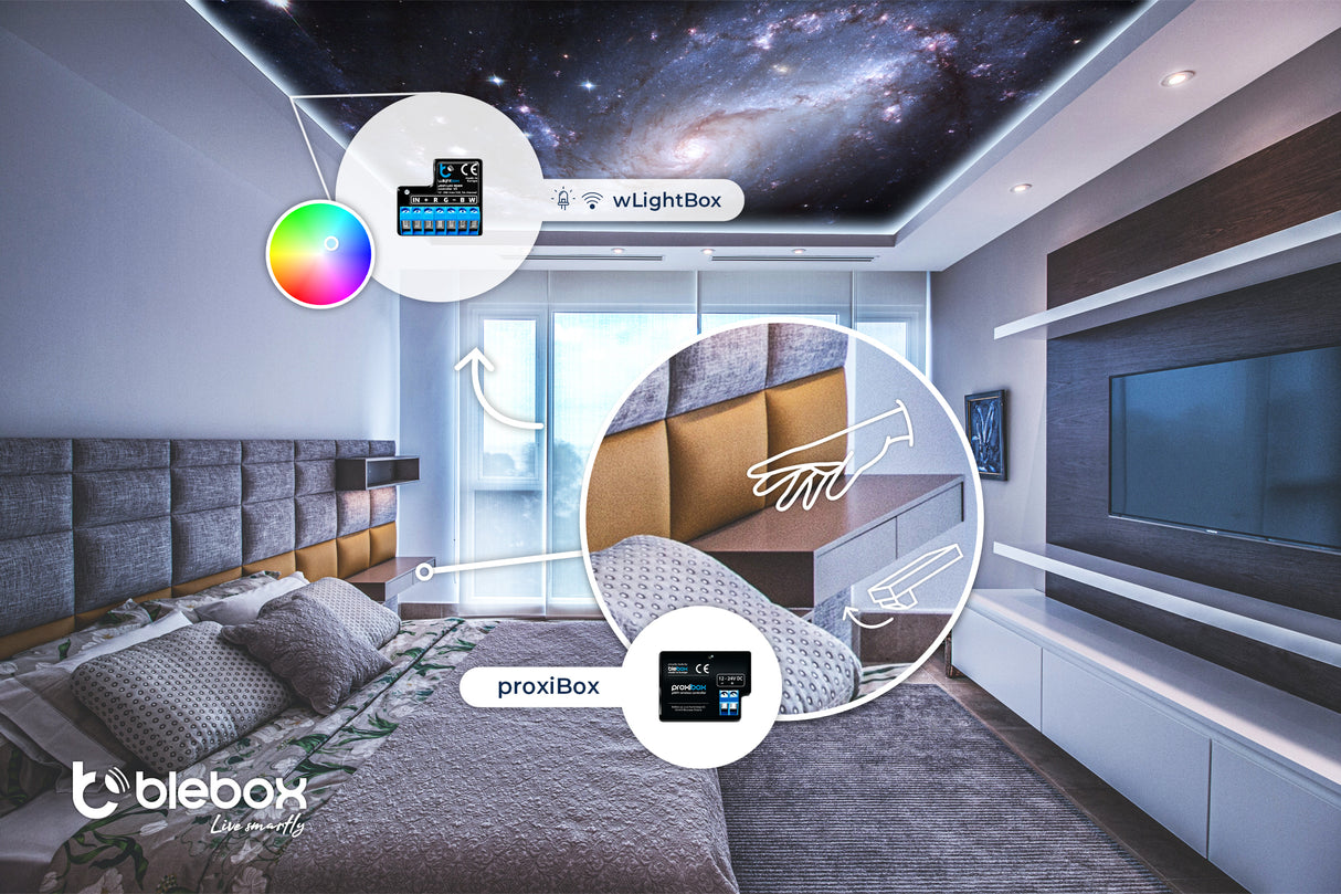A modern bedroom with a galaxy-themed ceiling, adjustable colored LED lights, and a Wi-Fi Touch Switch Sensor ~ proxiBox by BleBox integrated into the bed’s headboard for smart control. Diagrams spotlight the proxiBox device.