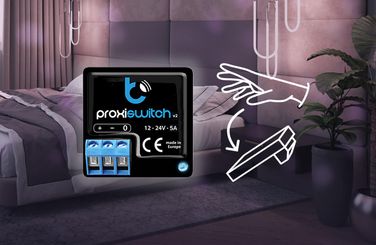 A digital illustration shows the proxiSwitch by BleBox, a Touchless Switch with Proximity Sensor, installed near a bed in a modern bedroom. A white graphic hand activates the invisible control button, highlighting contactless smart home automation.