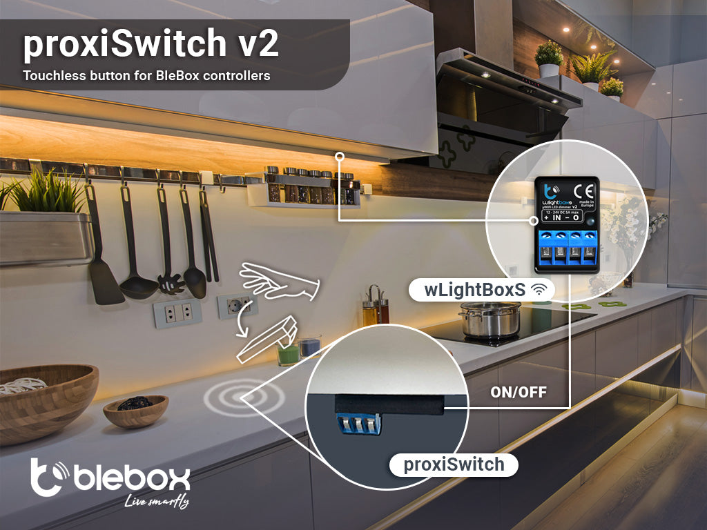 Modern kitchen with utensils on the wall, featuring BleBox wLightBoxS Single Channel Wi-Fi LED Controller for smart lighting control, with ON/OFF function and device placement managed via the wBox app.