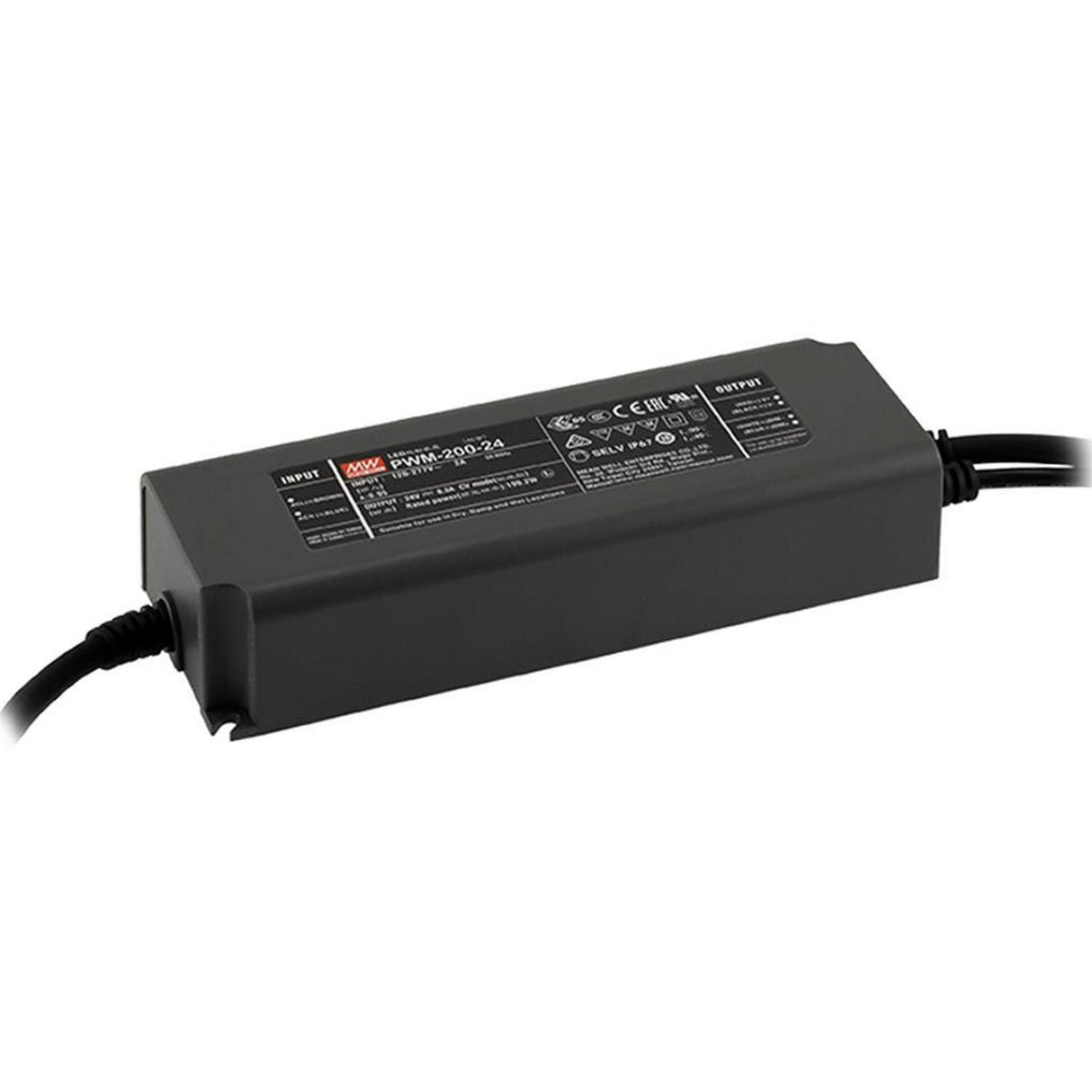 A black rectangular Meanwell PWM Series Single Output LED Constant Voltage Driver (24V) features input/output cables, a label with specs and certifications, and an IP67 Waterproof Rating.