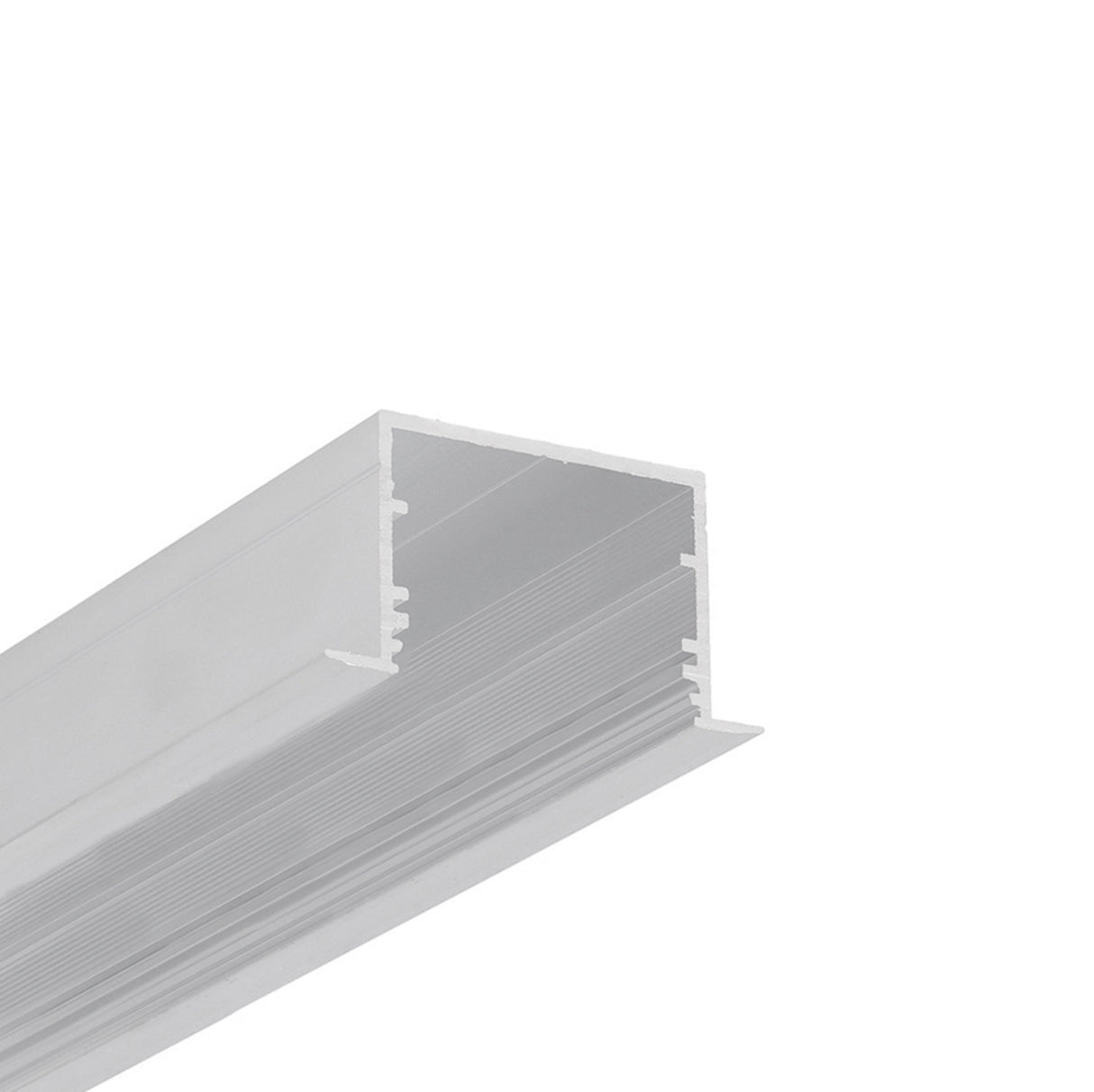 A close-up of the 1.3” Deep-Section Recessed LED Channel (Model Vario30-07), a silver aluminum channel with an open side, ideal for housing LED strip lights or serving as a sleek element in modern indoor lighting.