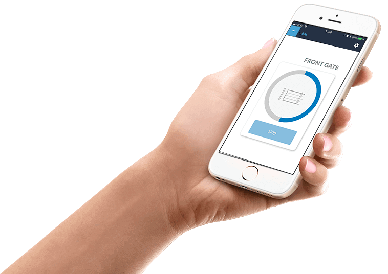 A hand holds a smartphone showing the gateBox Pro by Blebox app, with a circular graphic labeled Front Gate and a big blue button—demonstrating remote operation of your Automatic Gate and Door Controller via Wi-Fi.