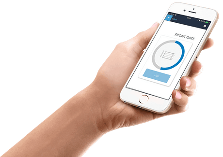 A hand holds a smartphone showing the gateBox Pro by Blebox app, with a circular graphic labeled Front Gate and a big blue button—demonstrating remote operation of your Automatic Gate and Door Controller via Wi-Fi.