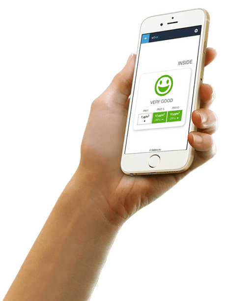 A hand holds a smartphone showing the airSensor by Blebox app with a green smiling face and “VERY GOOD” text—ideal for monitoring air quality using the Air Pollution Detector and Wi-Fi Air Quality Sensor.