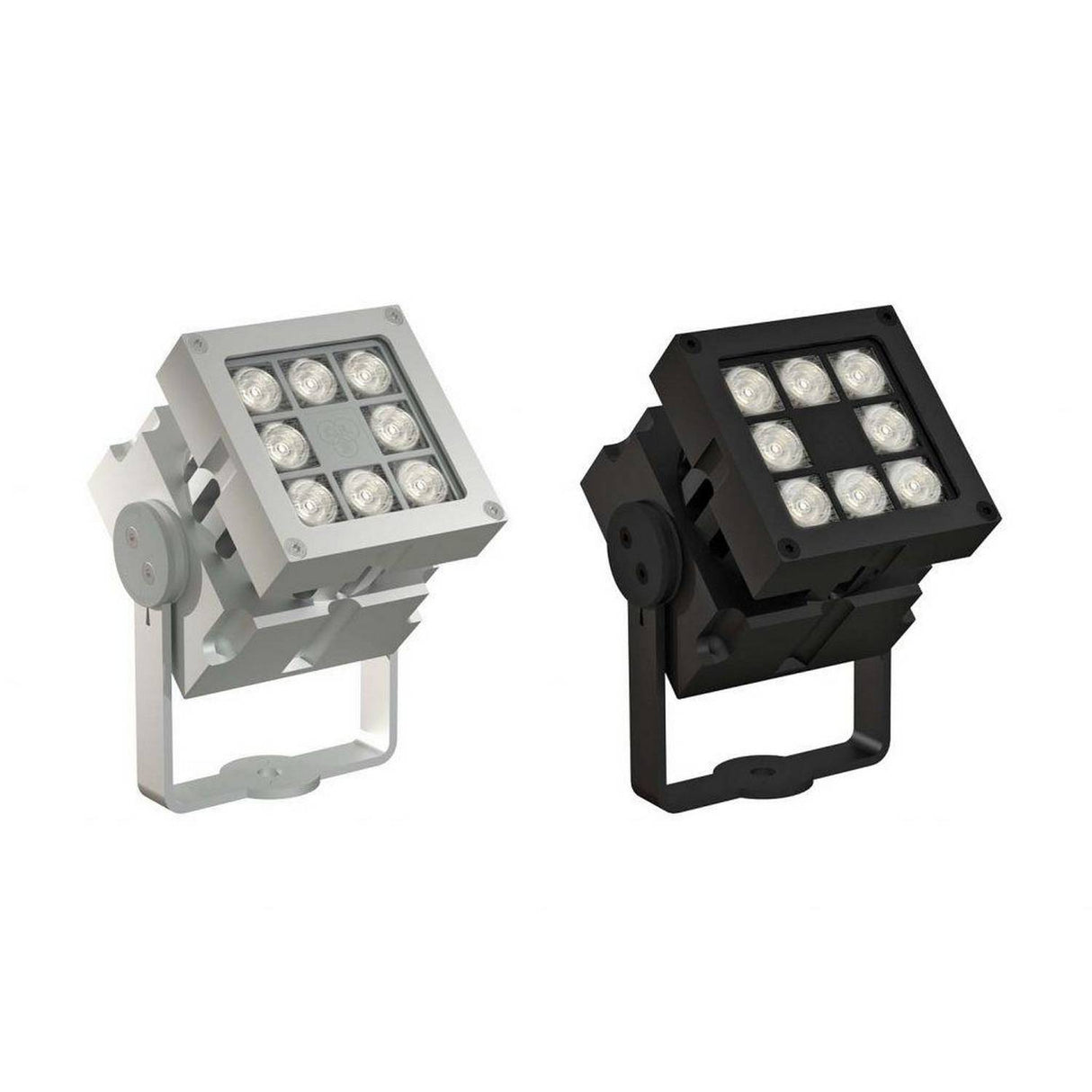 The White Outdoor LED Wall Washer Light from the Revo Basic Magno Dim Series features nine LEDs in a 3x3 grid and is mounted on an adjustable bracket, shown here against a white background.