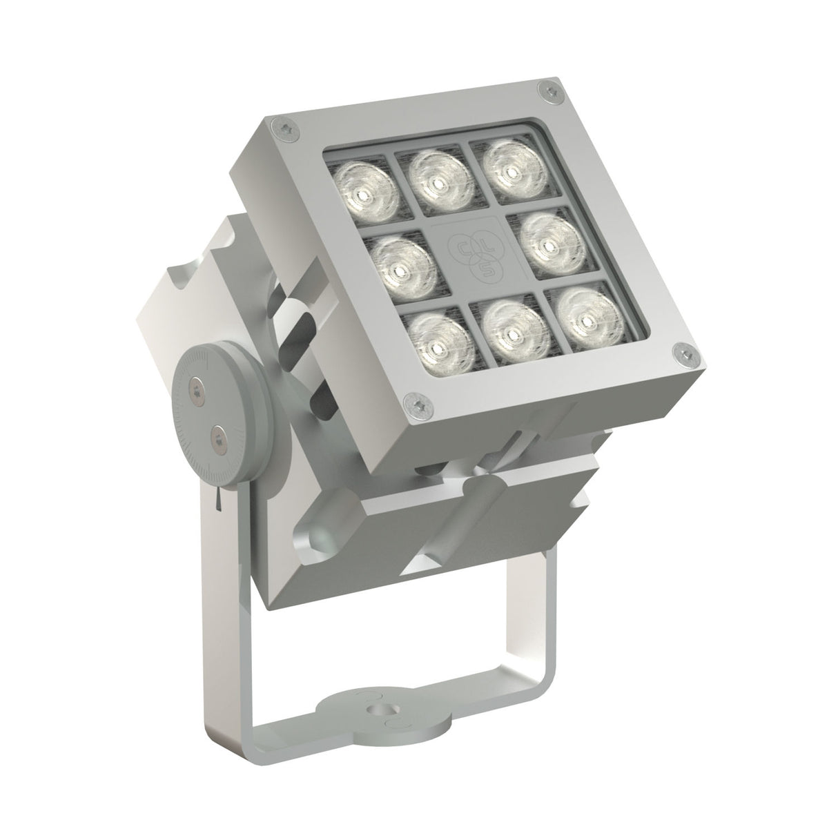 The White Outdoor LED Wall Washer Light ~ Revo Basic Magno Dim Series is a modern, square LED floodlight with nine bulbs and an adjustable bracket, perfect for outdoor or architectural lighting with sleek, industrial style.