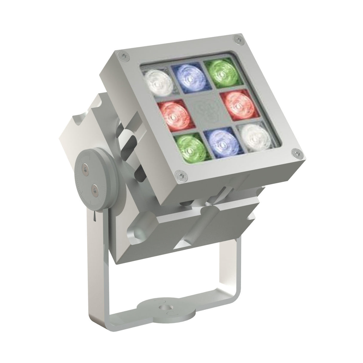 The Revo ColorFlow Casambi Series is a square LED wall washer with a silver frame, nine RGBW bulbs, DMX control for precise color changes, and an adjustable bracket for versatile outdoor lighting.
