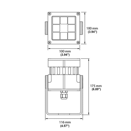 Technical drawing of the Revo ColorFlow Casambi Series—Color-Changing Outdoor LED Wall Washer Light—shows front and side views, labeled as 100 mm wide/tall, 116 mm deep, 175 mm high; front view features a grid of nine squares.