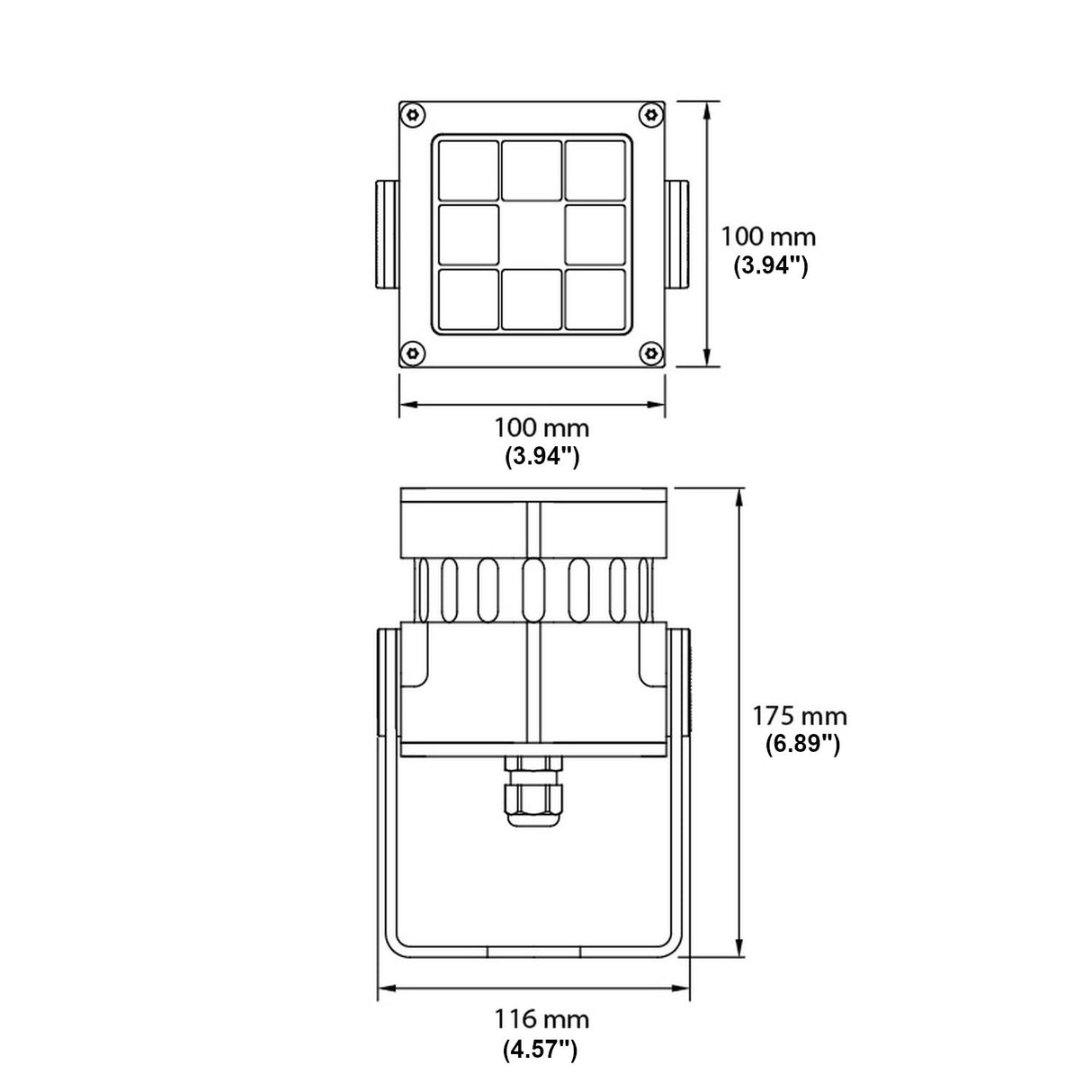 Technical drawing of the White Outdoor LED Wall Washer Light ~ Revo Basic Magno Dim Series, showing front and side views. Dimensions: 100 mm wide/high (3.94), 175 mm tall (6.89), 116 mm deep (4.57). Front features a grid of 9 squares.