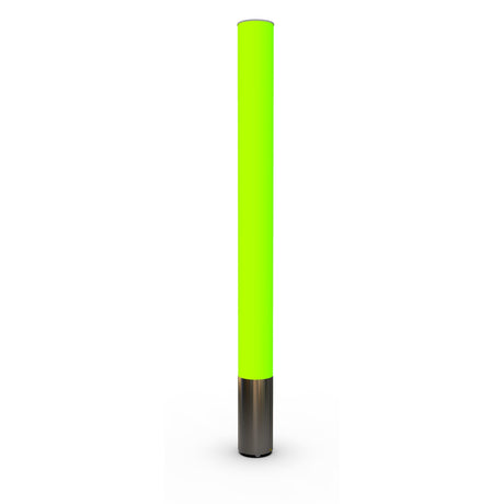 The RGBW LED Pillar Tube Light ~ Model Colorado is a tall, cylindrical light featuring a bright neon green upper section and silver metallic base, standing upright against a plain white background.