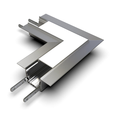 A 3D rendering of a metallic, L-shaped 90 Degree Connector for RPL35US Profile, featuring grooved surfaces and visible internal components, displayed on a white background.