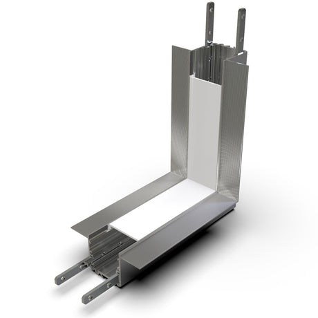 A 3D-rendered image shows the 90 Degree Connector for RPL35US Profile joining two metallic RPL35US Profiles, with visible grooves and cutouts, assembled at a right angle—ideal for construction or framing applications.