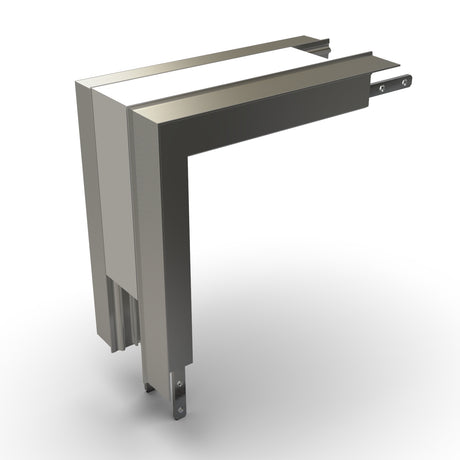 A 3D render shows the 90 Degree Connector for RPL35US Profile forming an L-shaped metallic corner with mounting brackets and a modern finish, displayed against a white background.
