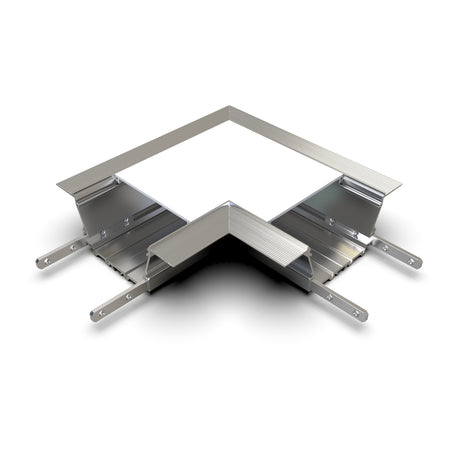 The 90 Degree Connector for RPL70US Profile is a metallic L-shaped bracket with flanges and mounting rails for structural or construction use. Shown against a white background.