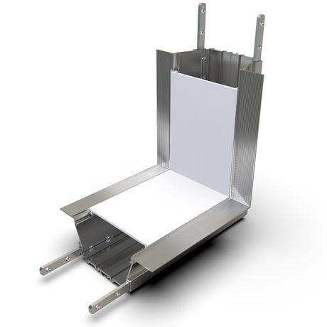 3D rendering of the 90 Degree Connector for RPL70US Profile in metallic finish, featuring a flat, white platform and tall side panels with integrated LED channels for visibility and accessibility, shown on a white background.