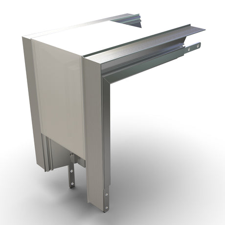 3D rendering of a 90 Degree Connector for RPL70US Profile, featuring a metal corner frame with a white panel insert and mounting brackets, resembling an LED Channels system section.