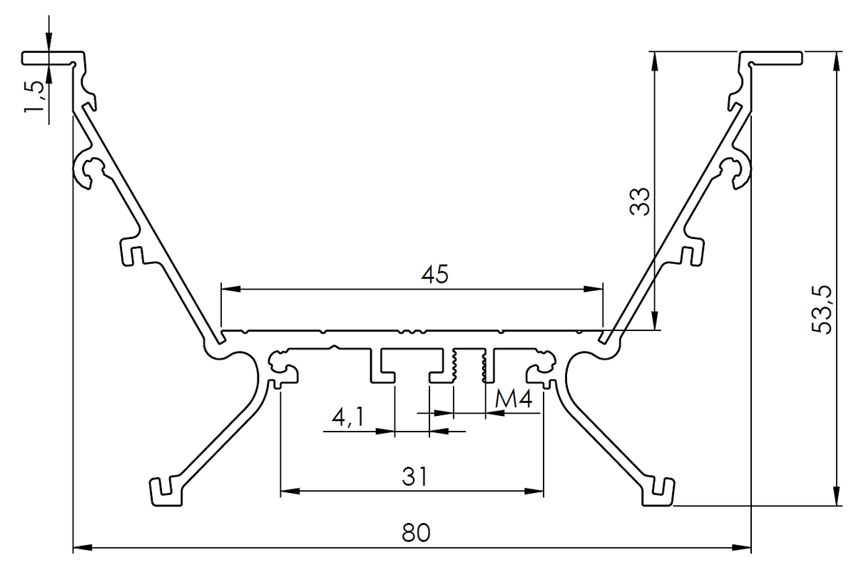 Technical drawing of Recessed 3-inch LED Light Strip Channel (Model RPLW80-FL) aluminum profile, ideal for linear or recessed lighting; features multiple grooves, width 80 mm, height 53.5 mm, inner width 45 mm—all in millimeters.