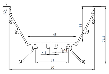 Technical drawing of Recessed 3-inch LED Light Strip Channel (Model RPLW80-FL) aluminum profile, ideal for linear or recessed lighting; features multiple grooves, width 80 mm, height 53.5 mm, inner width 45 mm—all in millimeters.