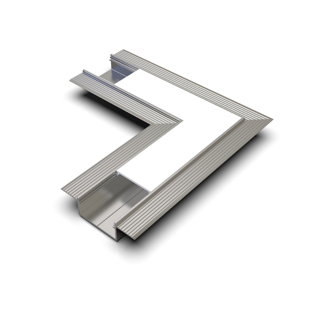 3D rendering of a silver 90 Degree Connector for Vario30-04 Profile, L-shaped with ridged edges and a smooth, flat white center, designed as a corner LED channel connector, isolated on a white background.