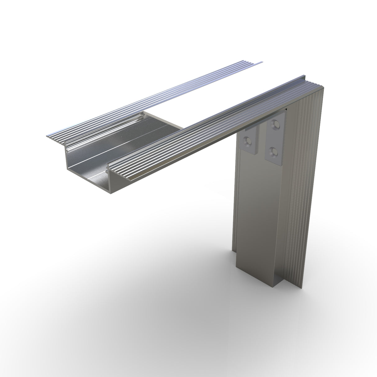 A 3D rendering of the 90 Degree Connector for Vario30-04 Profile, a metallic L-shaped bracket with ribbed surfaces, mounting holes, and horizontal and vertical segments, shown isolated on a white background.