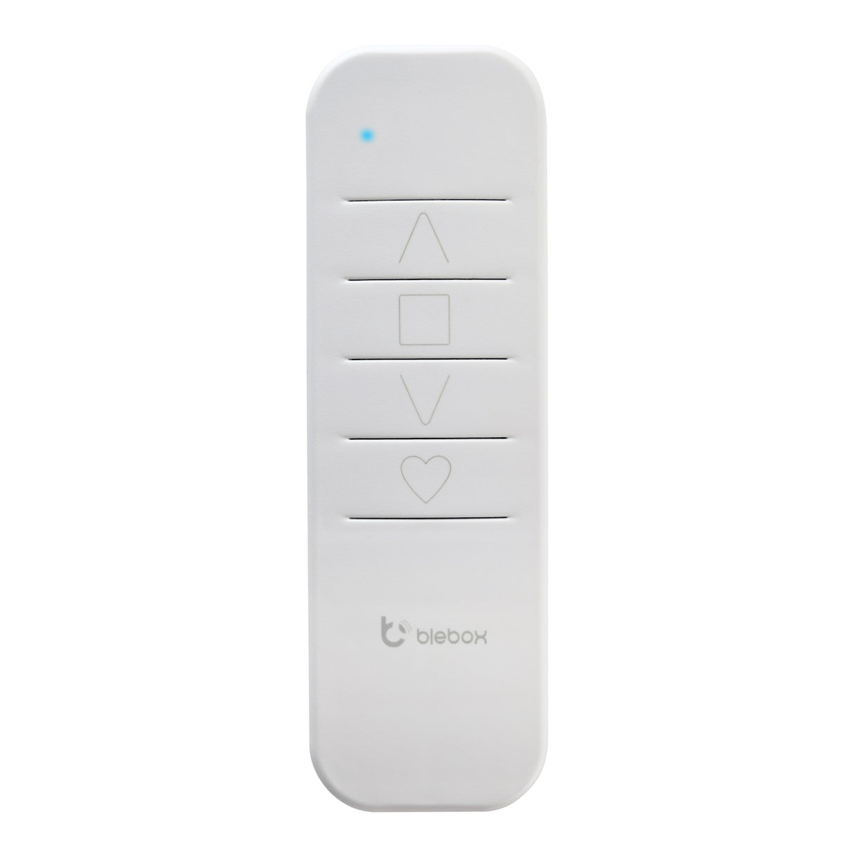 The Single Channel Battery Operated Remote Controller ~ sRemote by Blebox is a white remote with five buttons (up, square, down, heart, plain), a blue LED indicator, μWiFi tech support, and the blebox logo at the bottom.