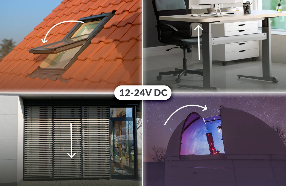 Split image showing: an open roof window, sit-stand desk, automated blinds, and dome observatory—all powered by the Smart Wireless Roller Blind/Shutter Controller ~ shutterBoxDC by Blebox, labeled 12-24V DC with remote access for seamless operation.