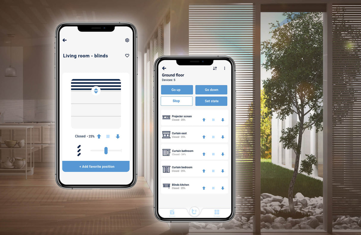 Two smartphones show the shutterBoxDC smart app for wirelessly controlling roller blinds; in the background, partially open blinds reveal a tree and garden outside a modern home.