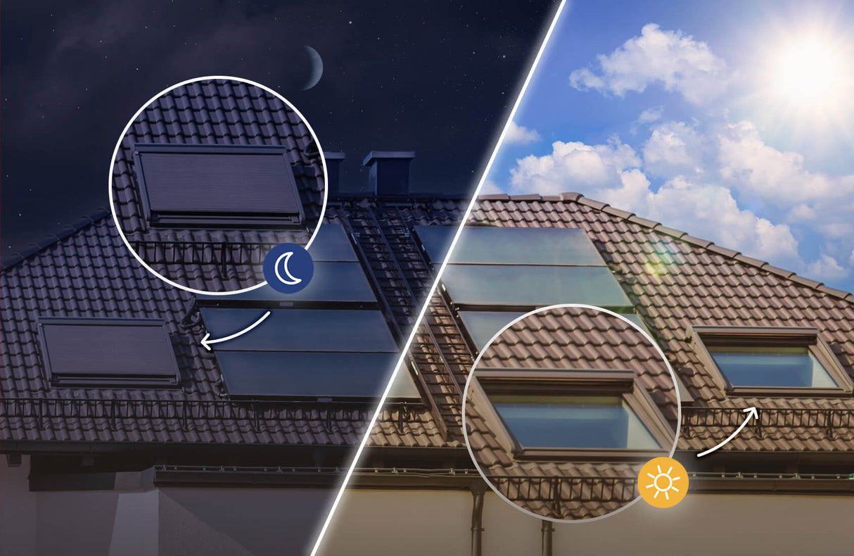A house roof is shown split into night and day. At night, skylights with shutterBoxDC controllers are closed; during the day, they open via wireless control, letting in sunlight. Moon and sun icons indicate night and day changes.