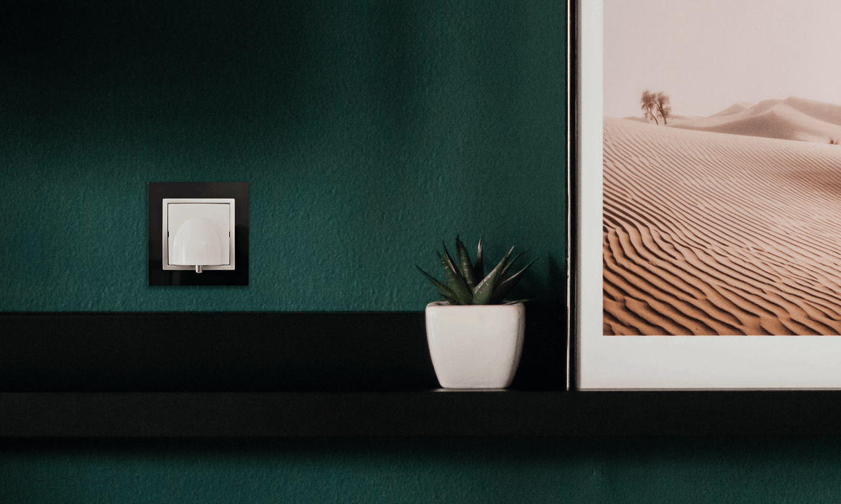 A small potted succulent sits on a black shelf beside a framed sand dunes photo, a light switch, and the Cable Outlet With Kontak Simon Frame ~ cableoutlet by Blebox, all mounted on a dark green wall.