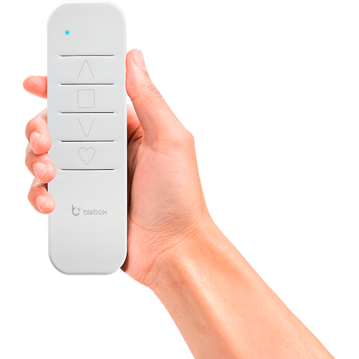 A hand holds the sRemote by Blebox, a white single channel battery-operated remote with up arrow, square, down arrow, and heart buttons, plus a blue indicator light and Blebox logo. Compatible with μWiFi-enabled BleBox devices.