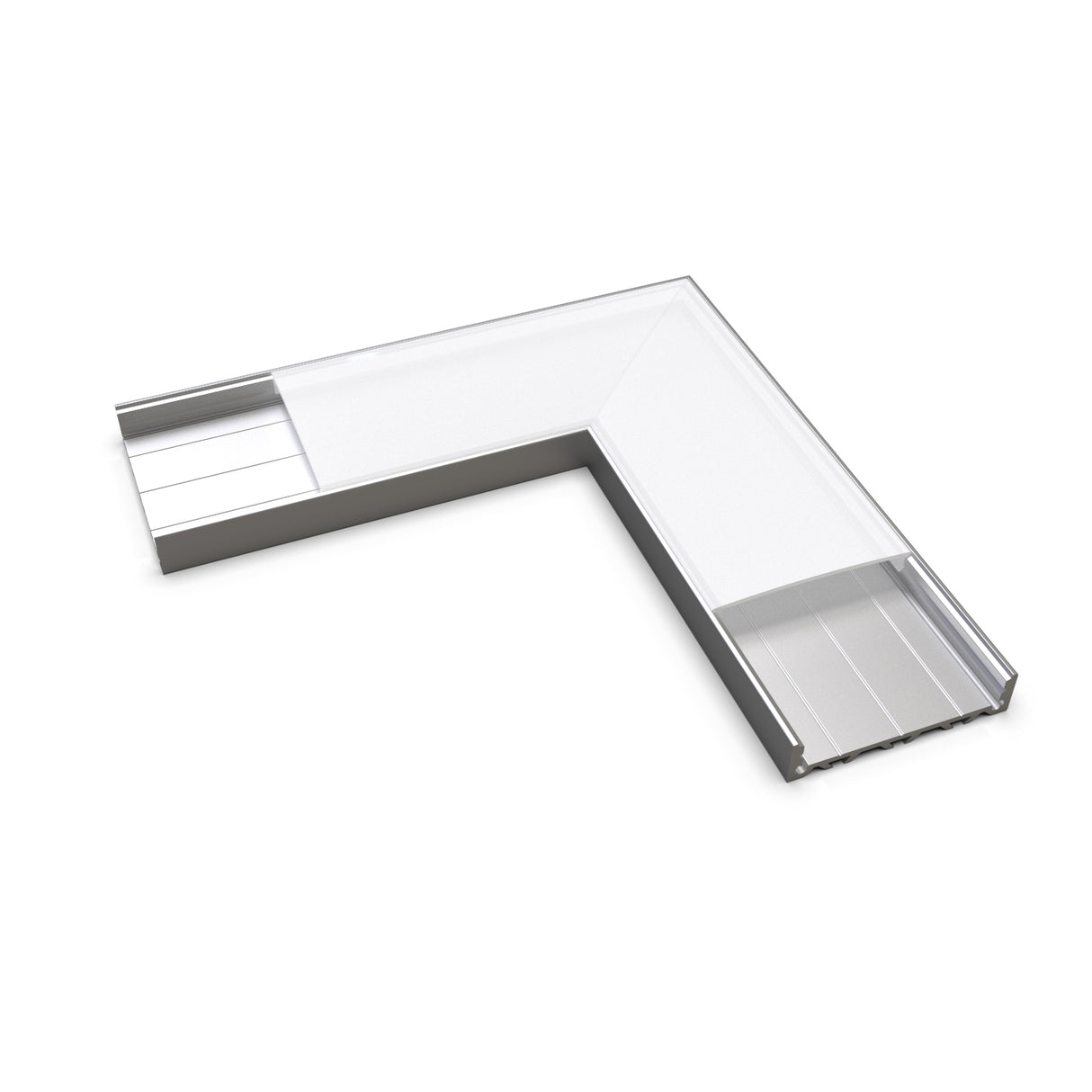 The Connector for SLW10 Profile is an L-shaped clear plastic or acrylic corner protector with a metal base, designed as a 90-degree connector to cover and protect the edges of surfaces or structures.